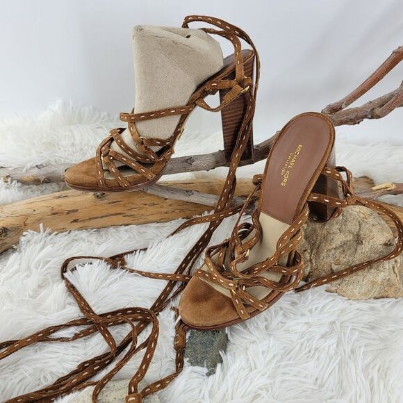 Michael Kors collection brown block heel shoes wrap style - Picture 1 of 11